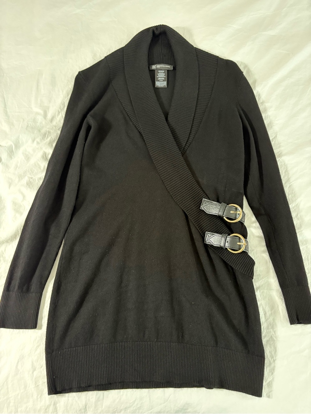 INC International Concepts Black Shawl-Collar Buckle Cardigan